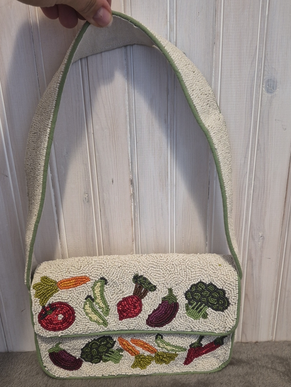 Beaded Vegetable Embroidery Shoulder Bag in Cream and Green